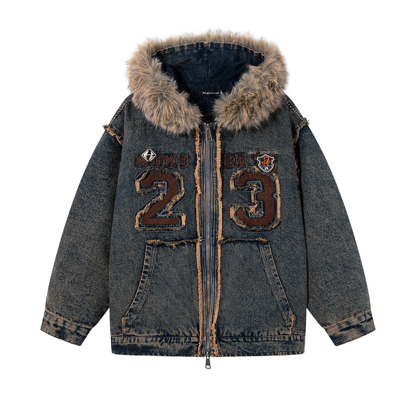 Hooded Denim Jacket with Fur Collar, Number 23 Varsity Patch & Acid Wash Finish