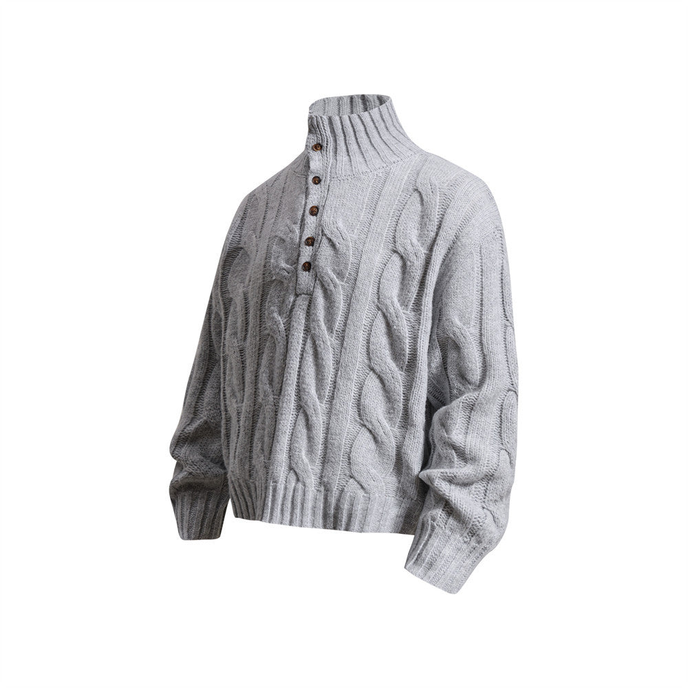 Pull homme en maille torsadée à col montant zippé – Pull oversize à patte boutonnée