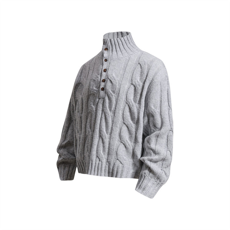 Pull homme en maille torsadée à col montant zippé – Pull oversize à patte boutonnée