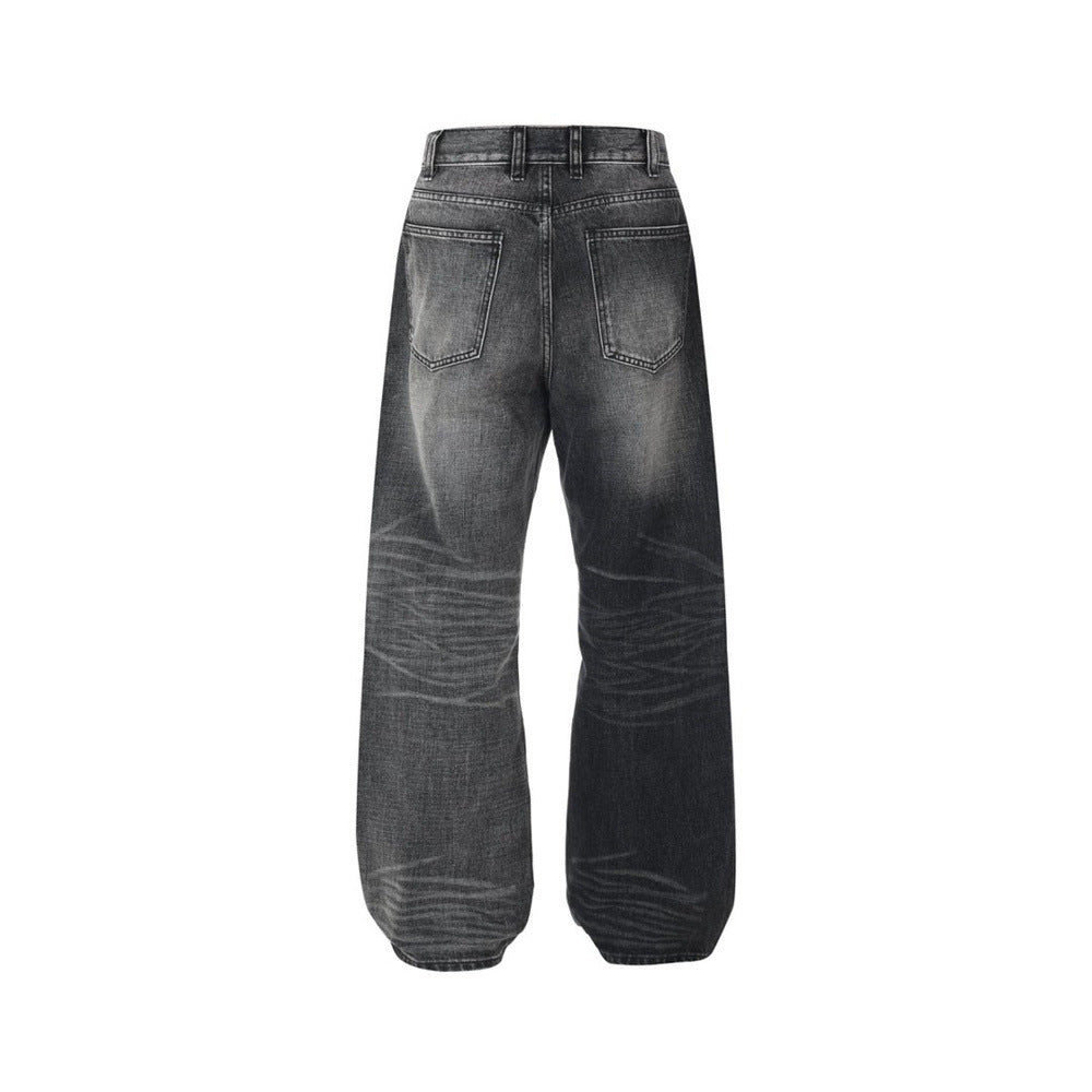 Wide-Leg Baggy Jeans – Washed Black Grey Vintage Straight-Cut Denim