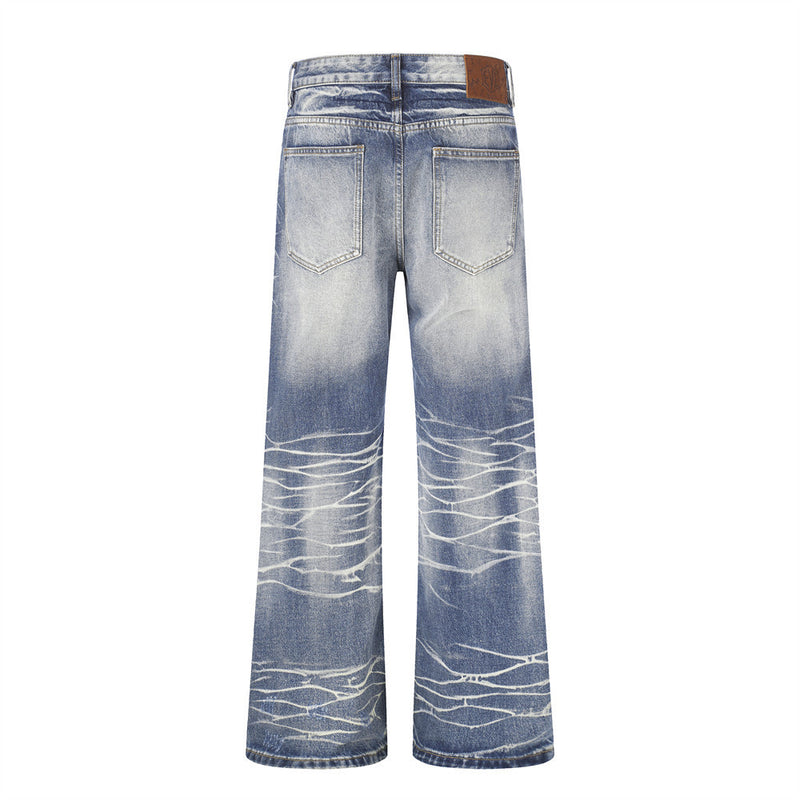 Wide-Leg Distressed Jeans – Lightning Wash Vintage Blue Straight-Fit Denim