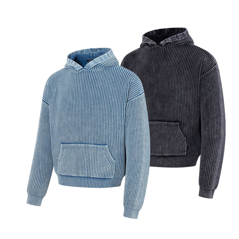 Washed Ribbed Knit Hoodie Sweater – Vintage Acid-Wash Oversized Pullover