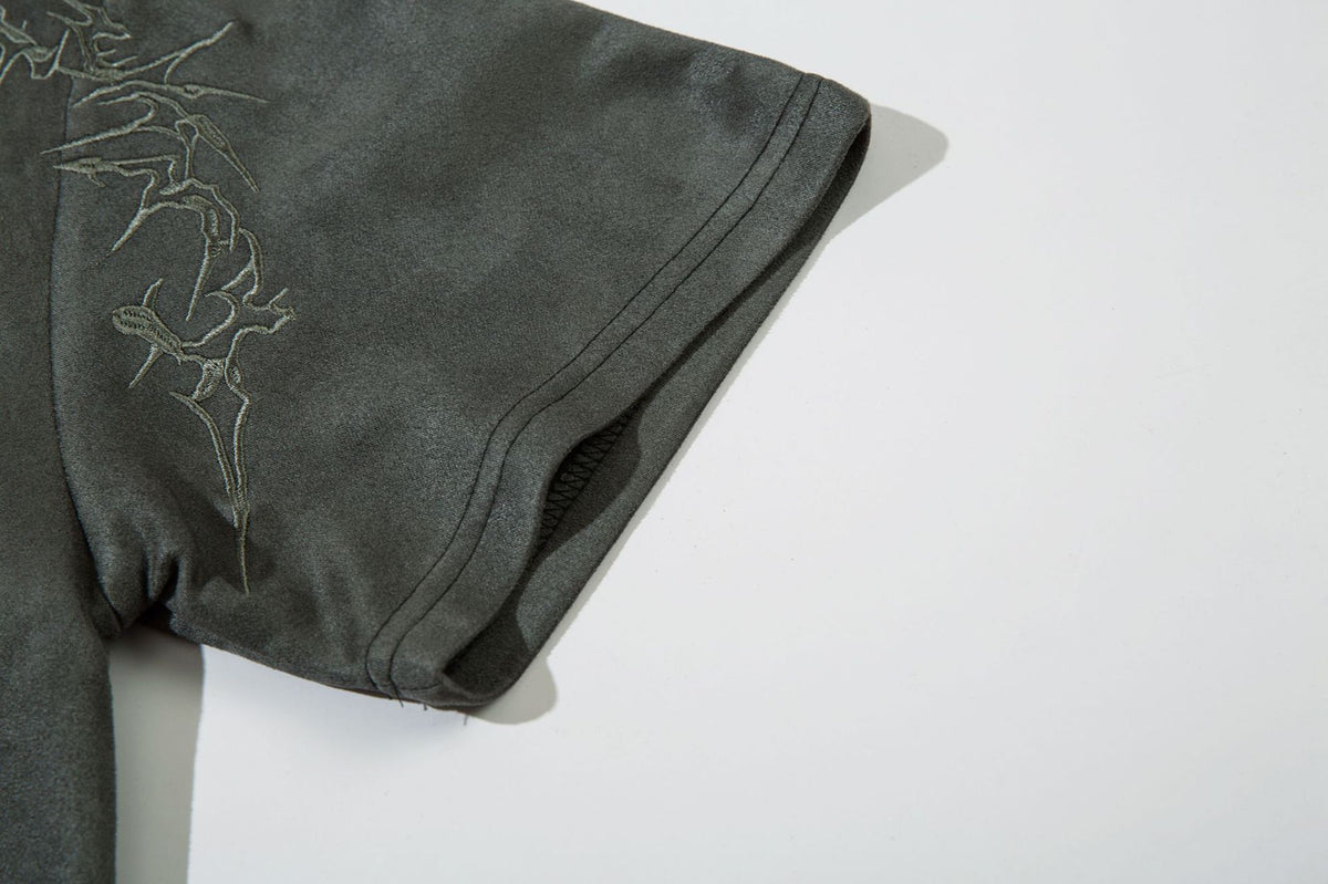 Men's Oversized Suede-Finish Thorn Embroidery Short Sleeve T-Shirt