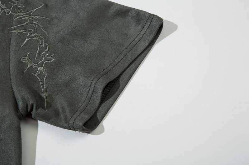 Men's Oversized Suede-Finish Thorn Embroidery Short Sleeve T-Shirt