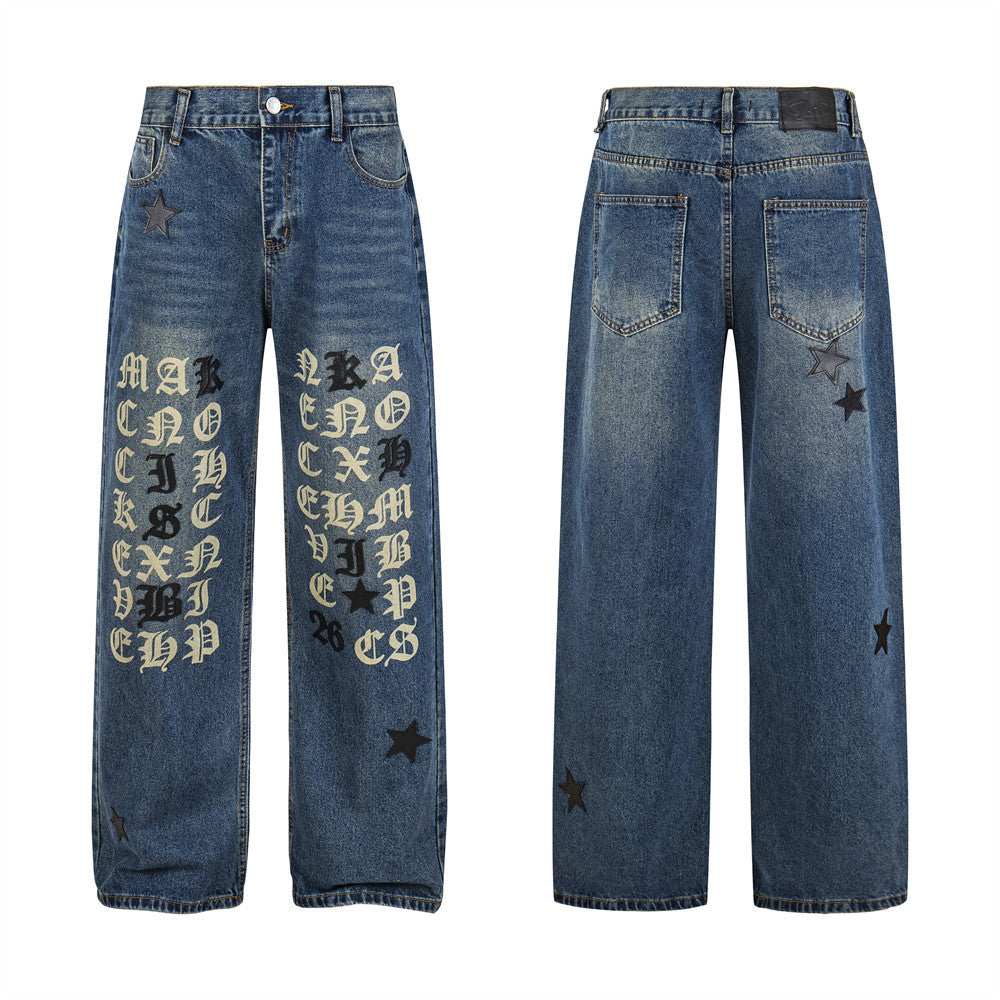 Men's Gothic Old English letter print washed straight-leg jeans with star embroidery details in medium blue denim