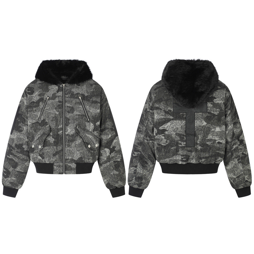 Oversized rose camouflage bomber jacket with black faux fur hood collar and leather cross back patch, front and back view