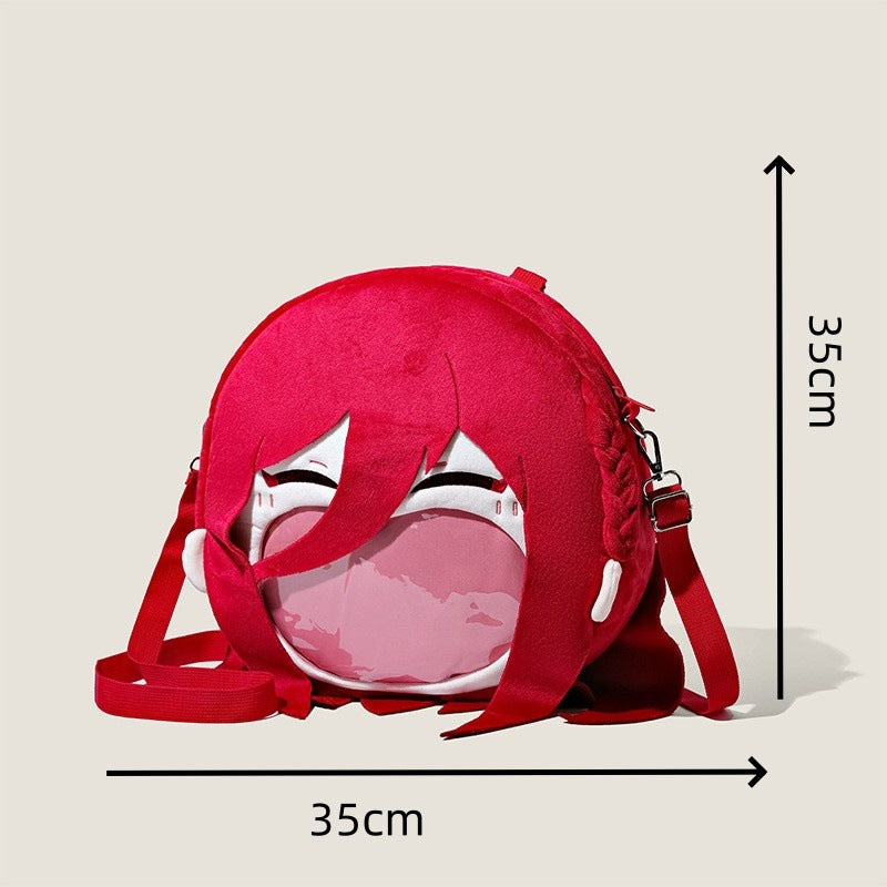 The Seakoff Blue Lock Chigiri Hyoma Plush Shoulder Bag features a whimsical anime design with a translucent mouth pocket. It showcases a red circular face with long red hair and closed eyes, measures 35 cm in height/width, and includes an adjustable strap for comfort.