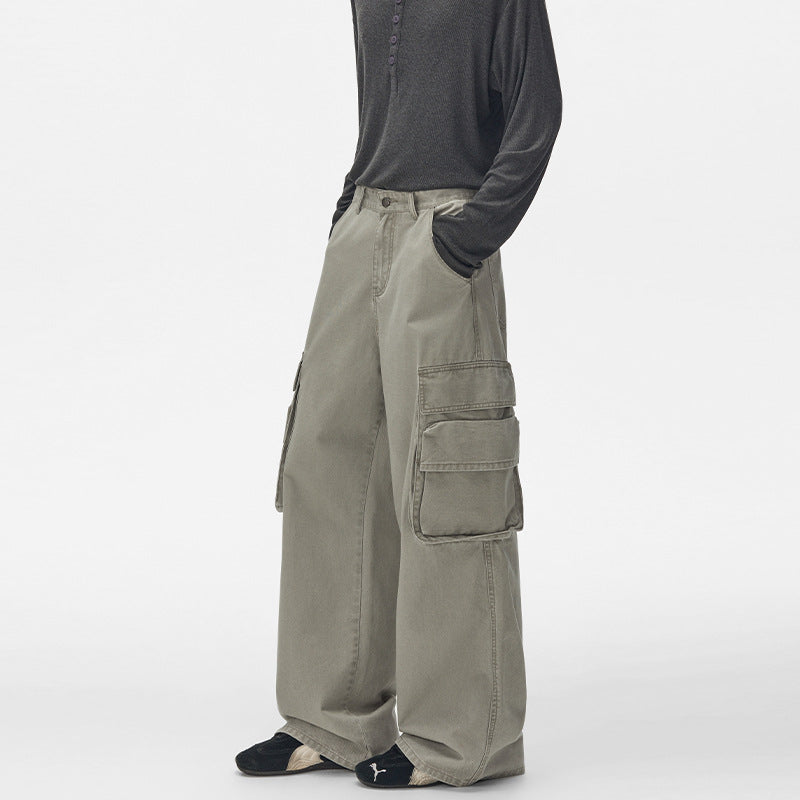 Pantalon cargo homme à jambes larges – Pantalon droit délavé à poches multiples