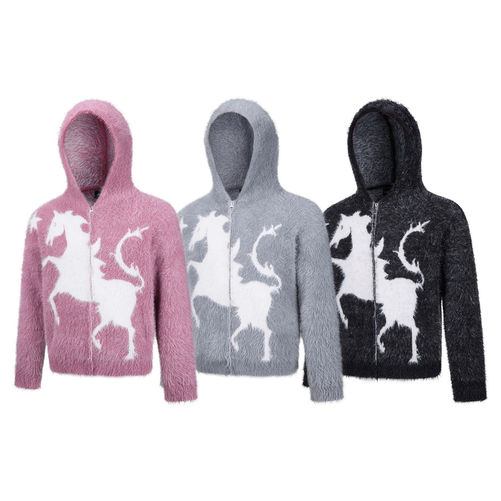 Sweat à capuche zippé en maille duveteuse – Motifs licorne et étoiles