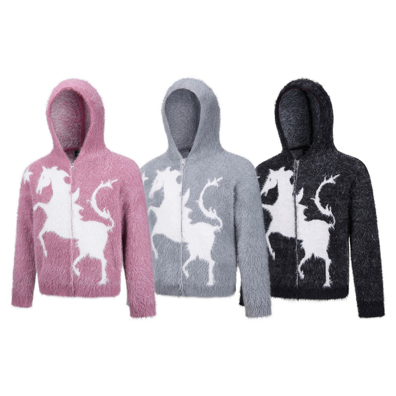 Sweat à capuche zippé en maille duveteuse – Motifs licorne et étoiles