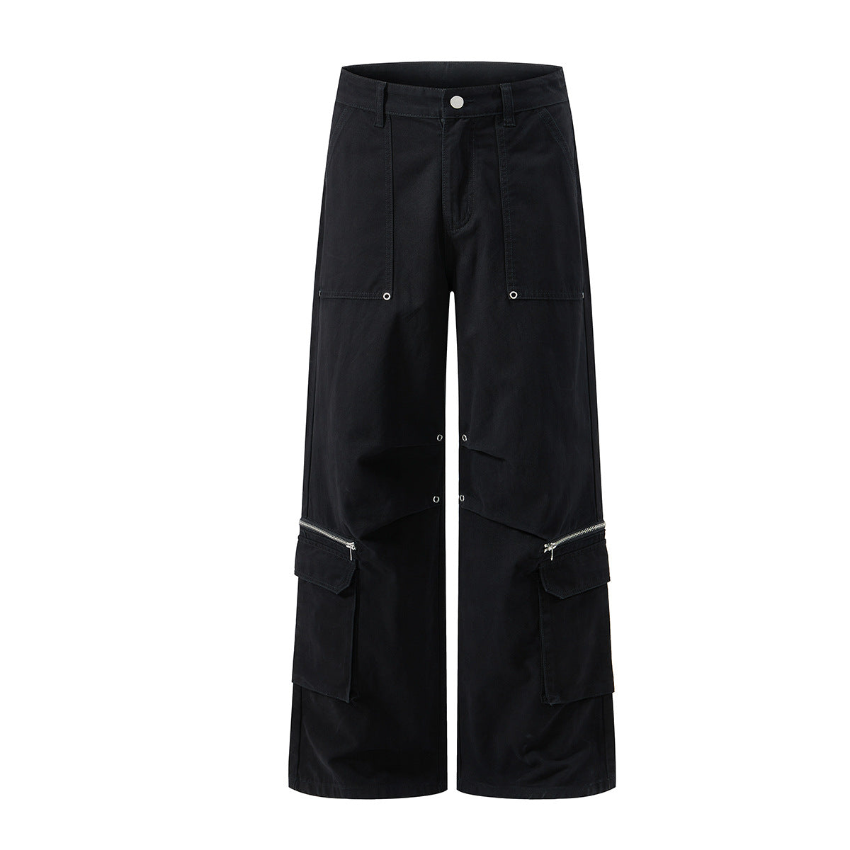 Pantalon cargo noir à jambes larges, modèle multipoches et détail zippé argenté aux genoux, vues de face et de dos