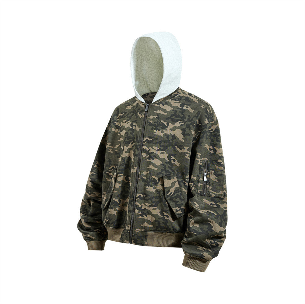 Blouson bomber homme camouflage à capuche, fermeture zippée et manches plissées