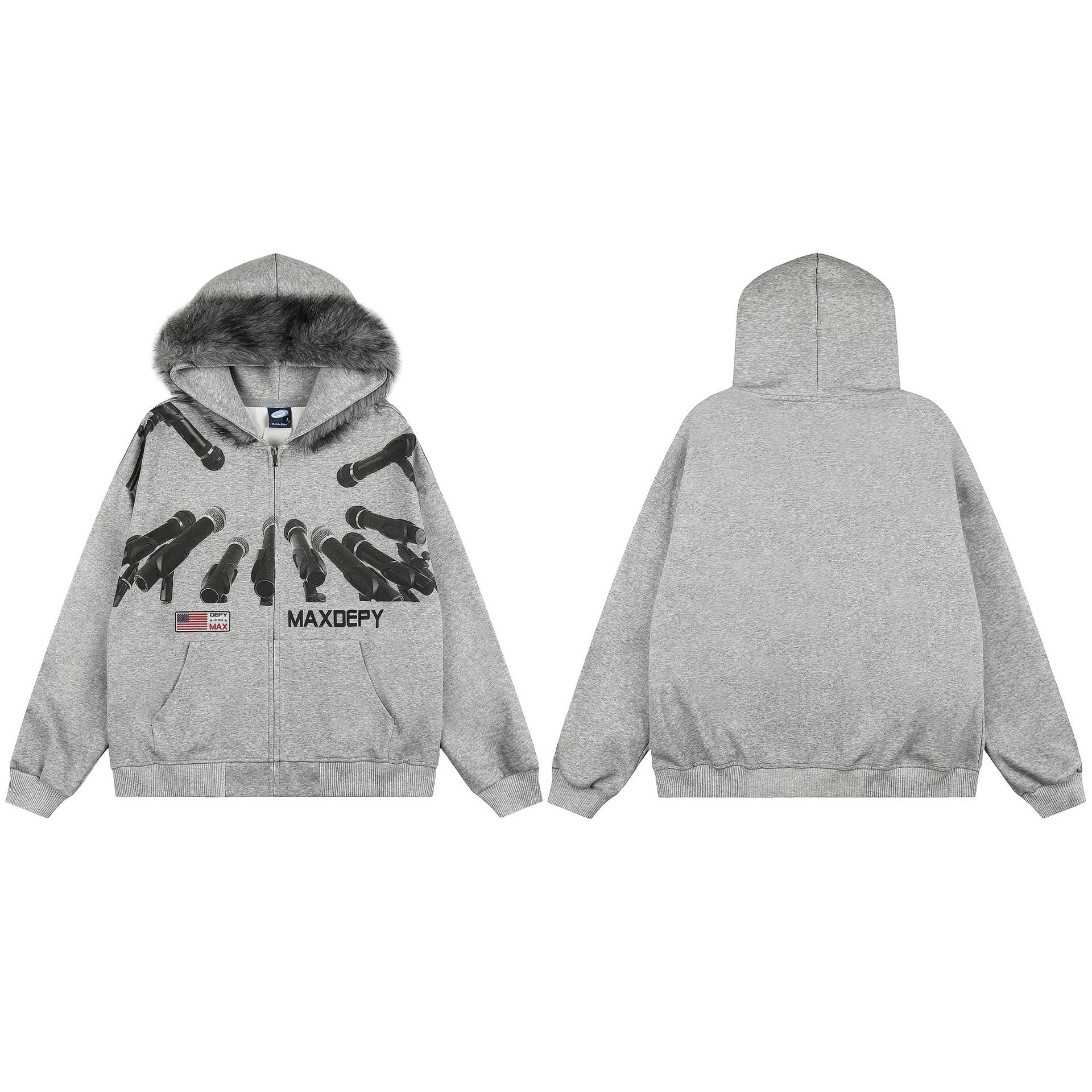 Hoodie zippé avec bordure de capuche en fausse fourrure et imprimé microphone – Gris chiné