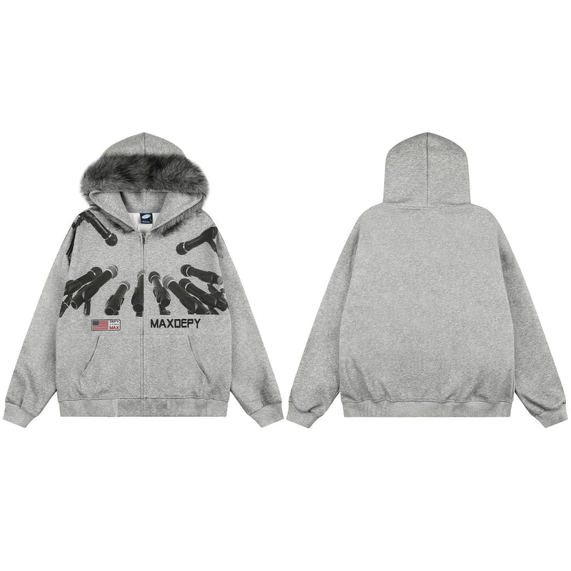 Hoodie zippé avec bordure de capuche en fausse fourrure et imprimé microphone – Gris chiné