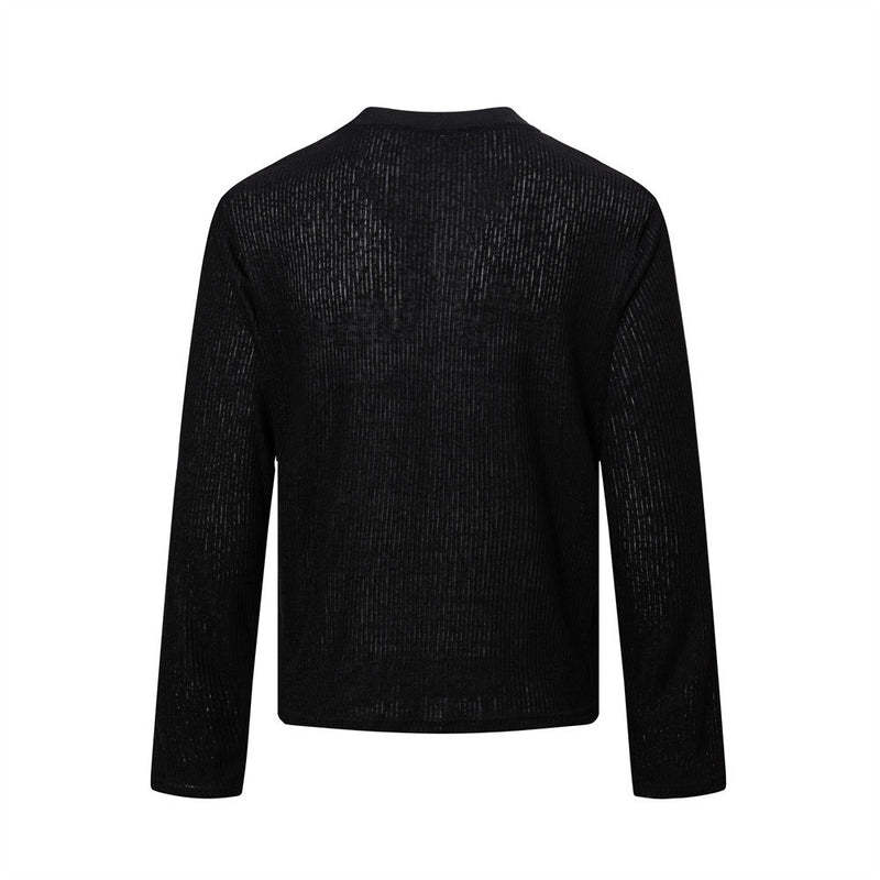 T-shirt côtelé à manches longues et motif tête de mort – Haut col rond streetwear sombre