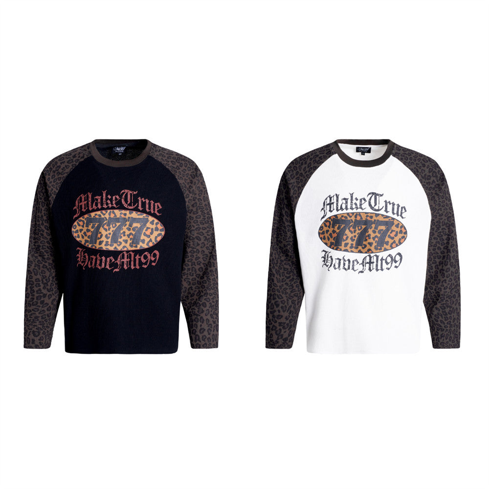 Men's Leopard Print Raglan Long Sleeve Waffle Shirt – Gothic Letter Graphic
