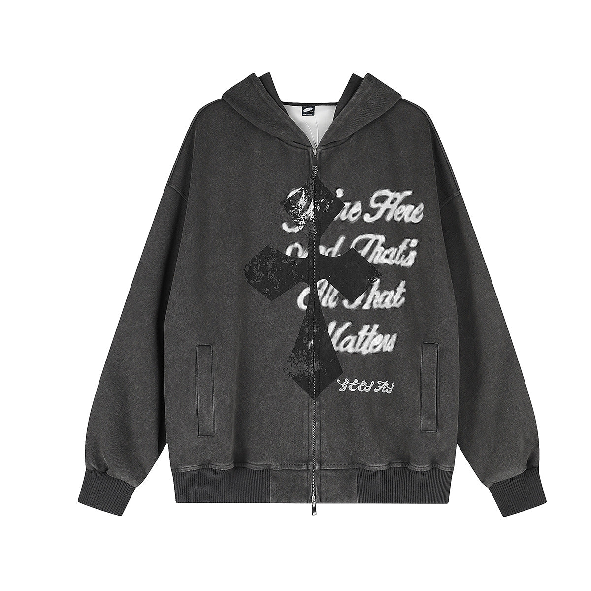 Sudadera desgastada con cremallera, gráfico de cruz y estampado de letras