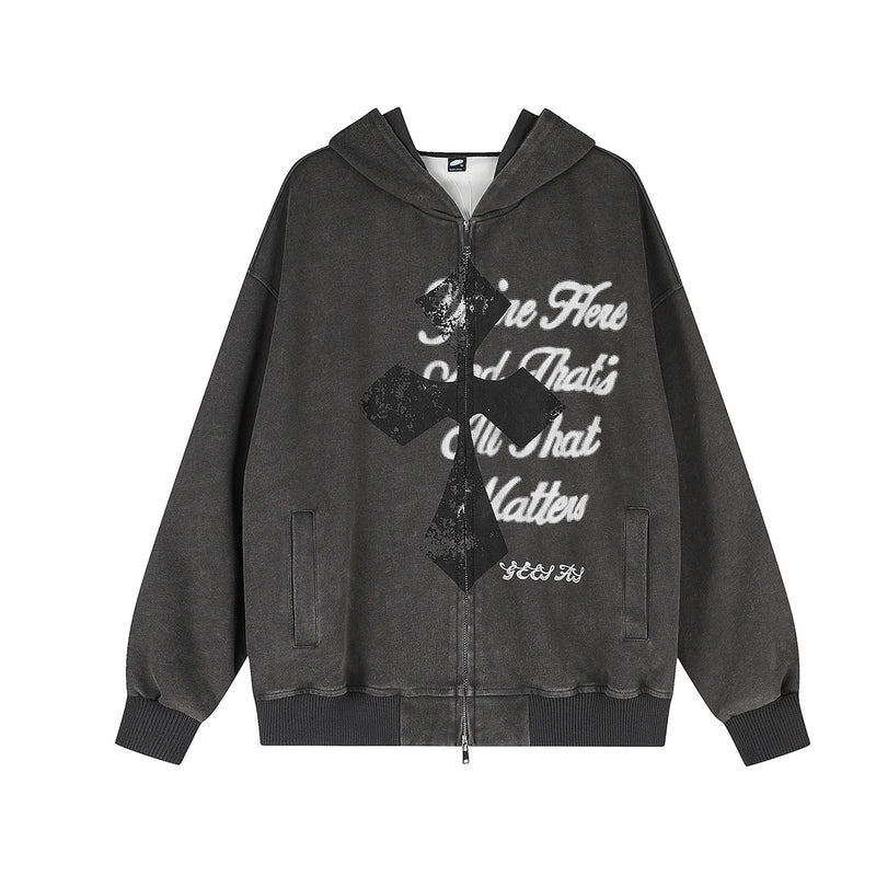 Sudadera desgastada con cremallera, gráfico de cruz y estampado de letras