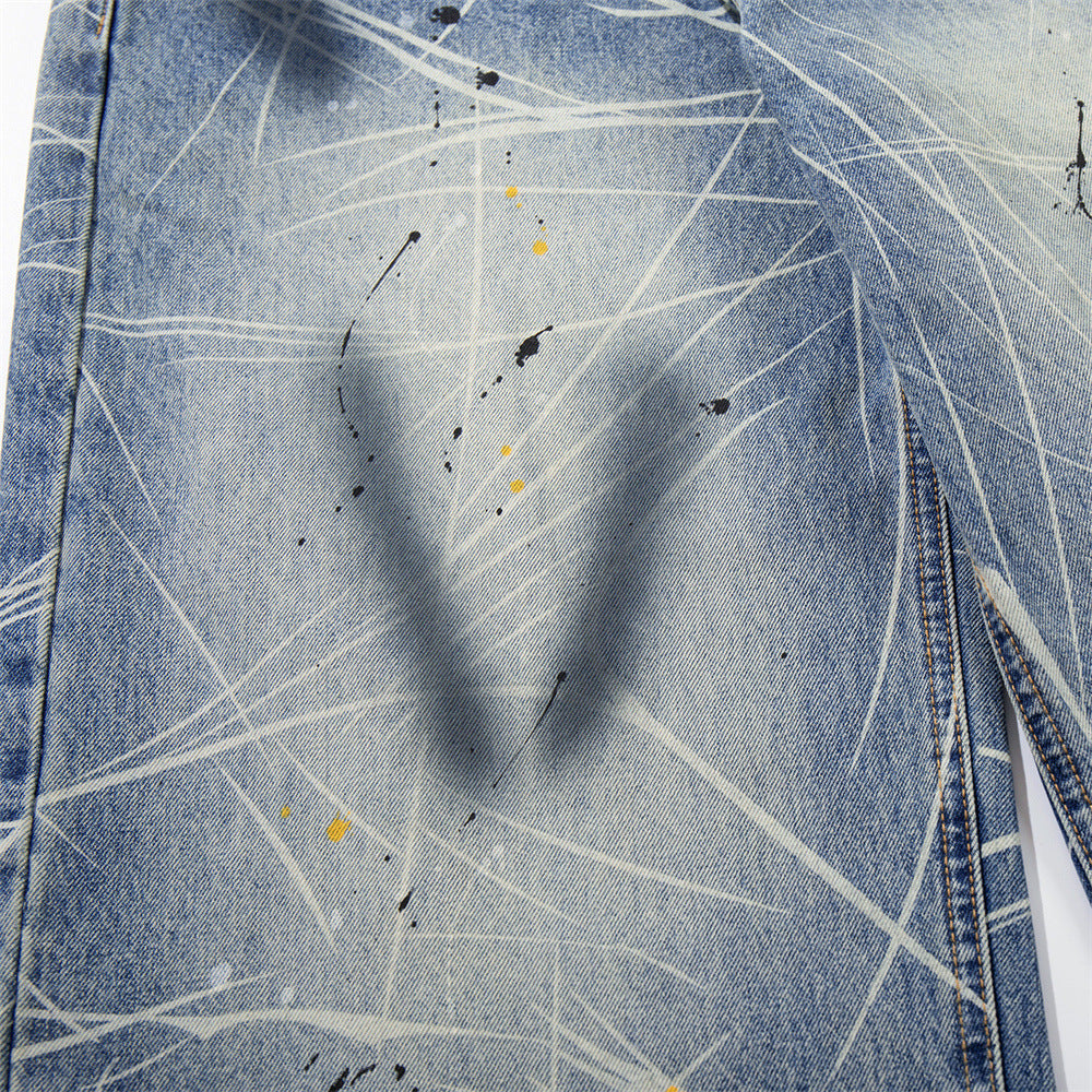 Wide-Leg Jeans with Paint Splatter & Distressed Scratch Print — Grunge Baggy Fit