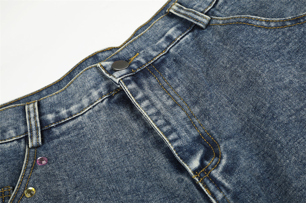 Men's Wide Leg Denim Shorts with Rhinestone Script Embroidery