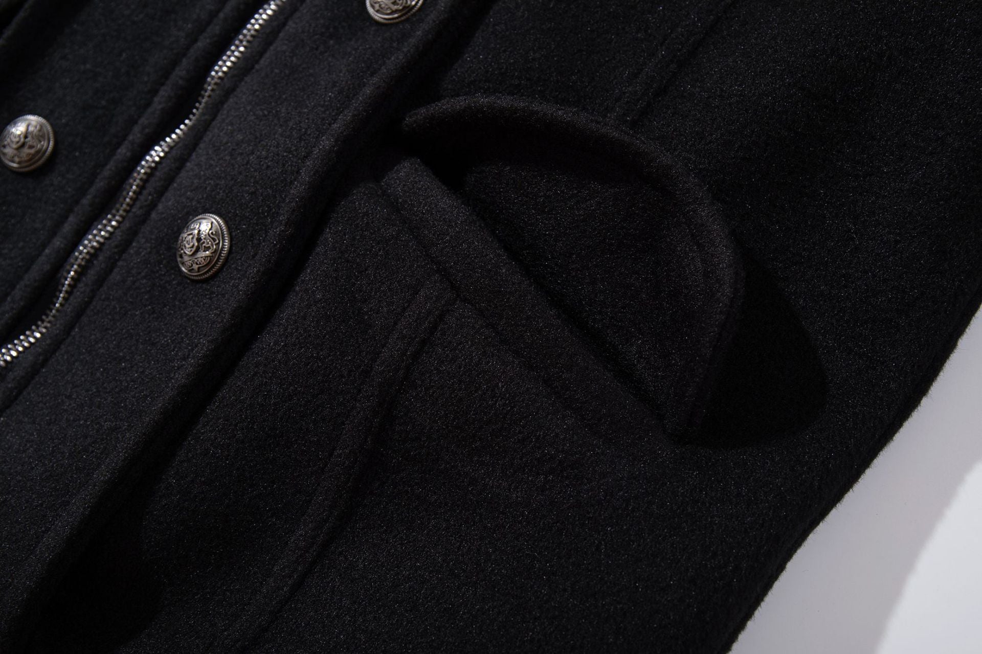 Veste militaire en laine pour homme – Noire, croisée, col montant et coupe courte