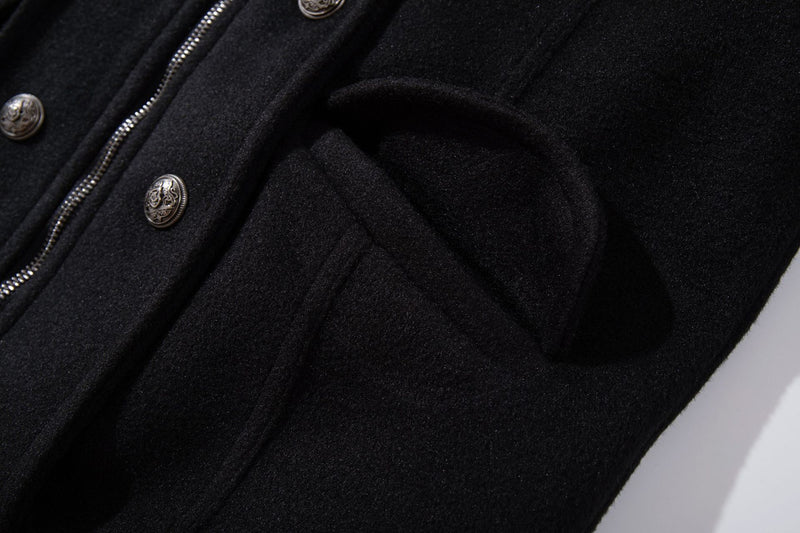 Veste militaire en laine pour homme – Noire, croisée, col montant et coupe courte