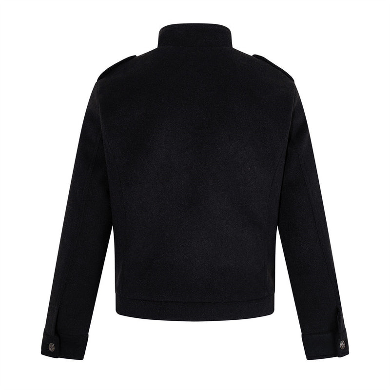 Chaqueta corta negra de estilo militar para hombre con botones metálicos cruzados