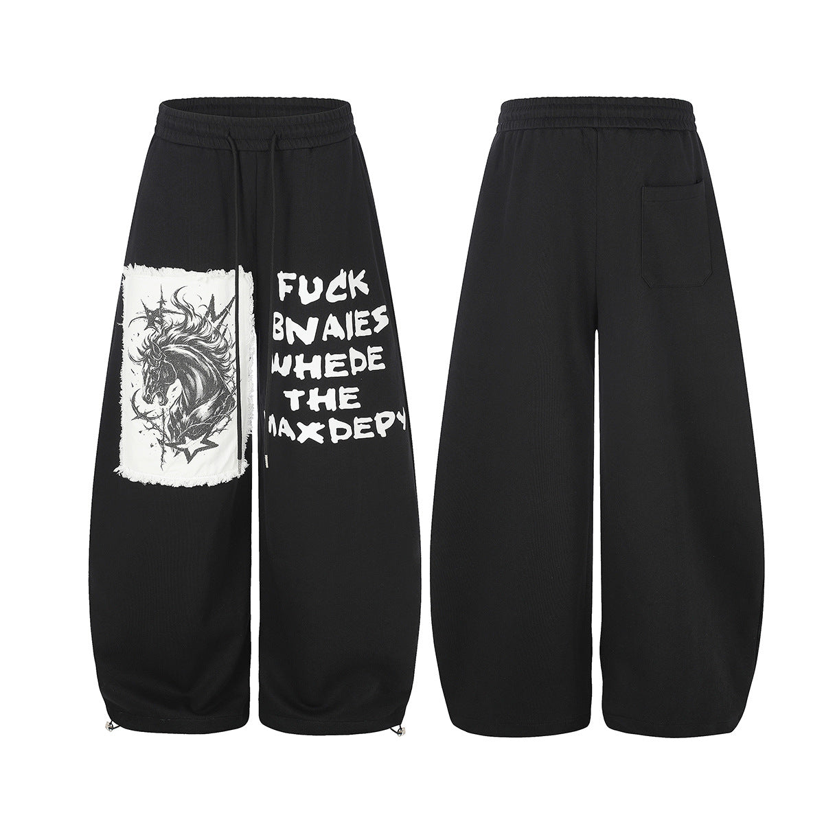 Pantalon de survêtement à jambes larges avec écusson licorne et imprimé graffiti – Streetwear noir
