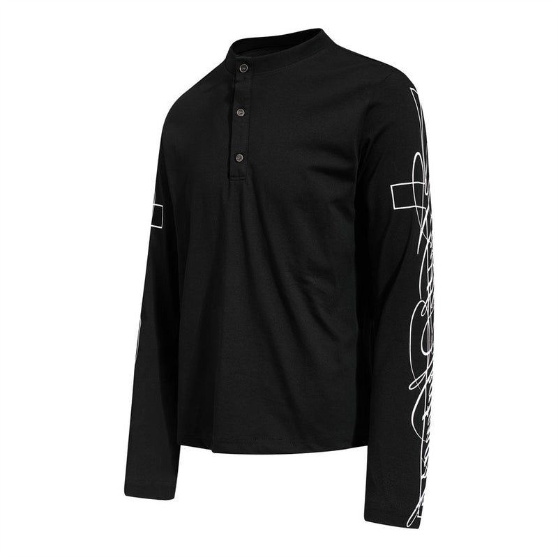 Men's Long Sleeve Henley Shirt with Cross Graffiti Sleeve Print