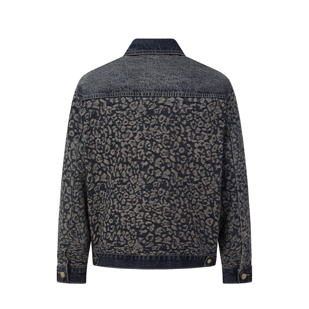 Veste en jean jacquard léopard – Trucker homme délavé à coupe décontractée