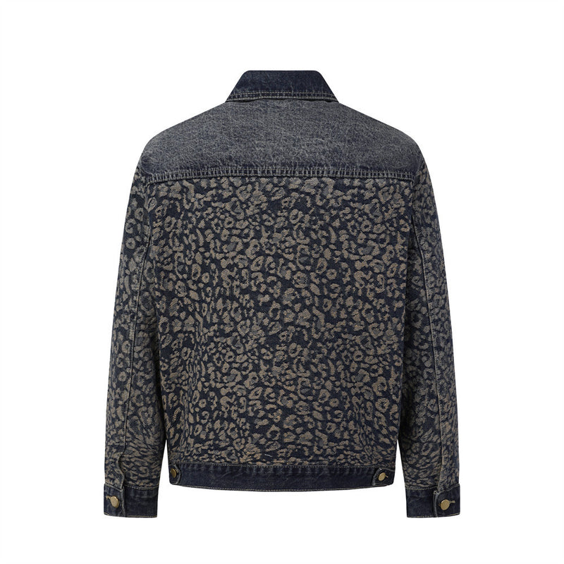Veste en jean jacquard léopard – Trucker homme délavé à coupe décontractée