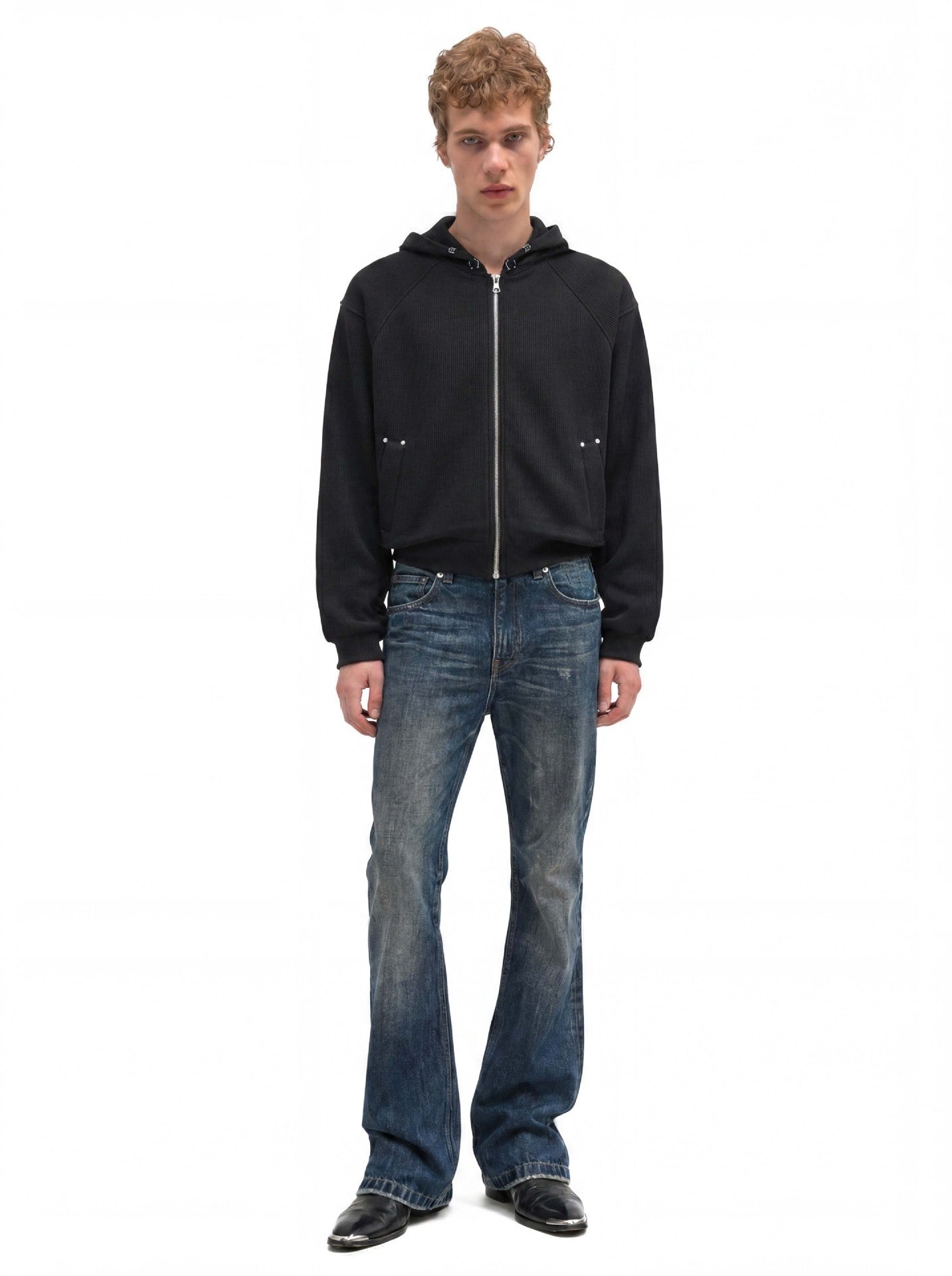 Sweat à capuche court zippé – Sweat intégralement zippé à manches raglan côtelées