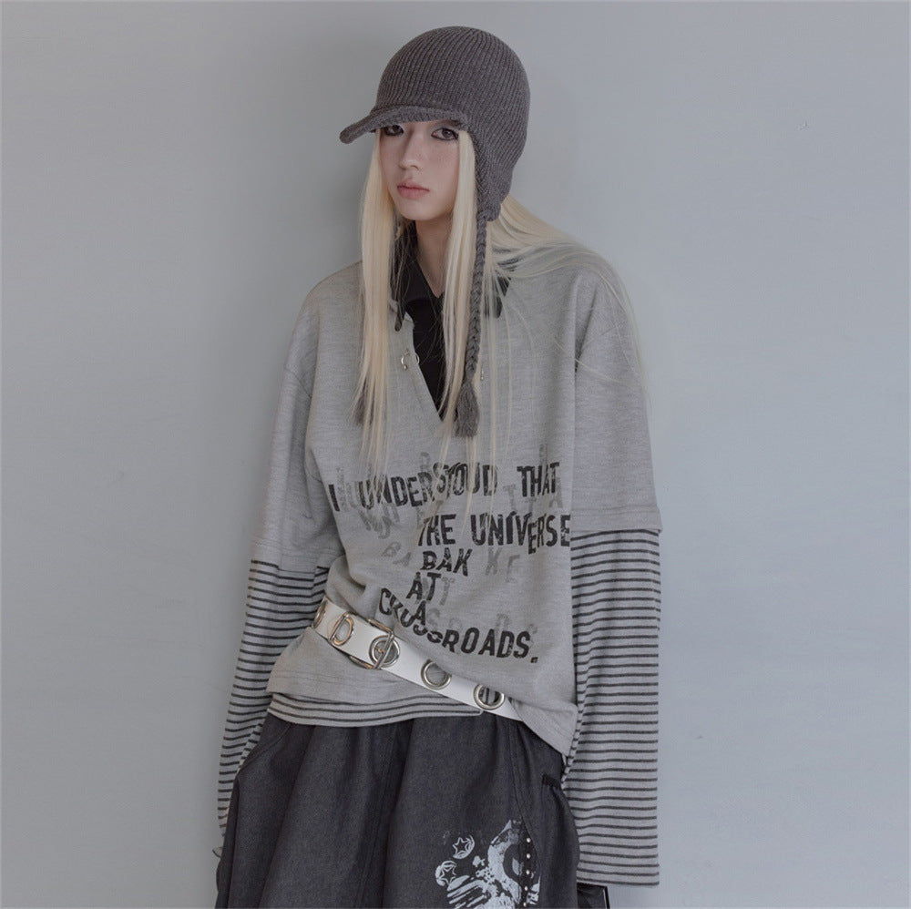 Oversized Faux Two-Piece Polo Sweatshirt with Striped Sleeves and Letter Graphic