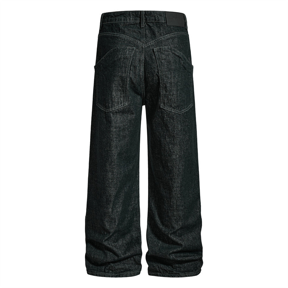 Men's Wide-Leg Black Jeans – Dragon Embroidery Straight Leg Denim