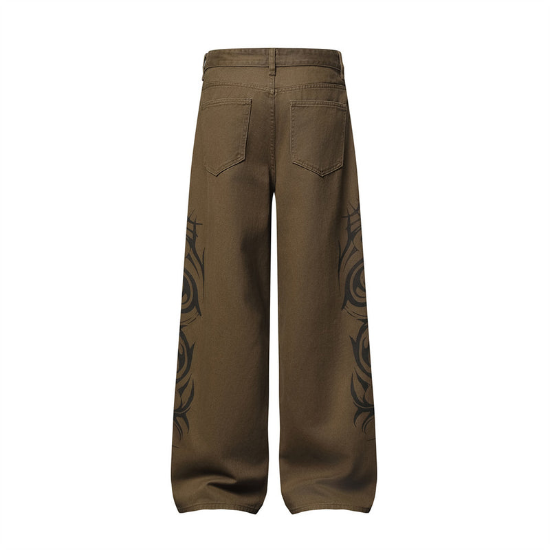 Tribal Print Wide-Leg Jeans – Men's Streetwear Straight Baggy Pants