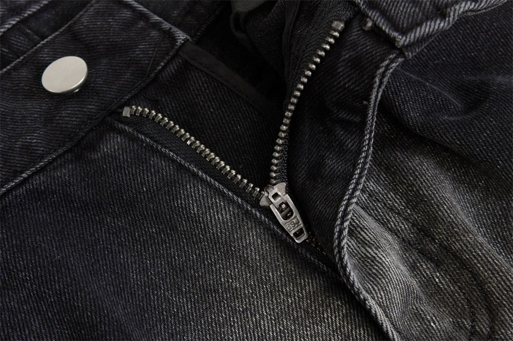 Wide-Leg Gradient Washed Jeans – Deconstructed Curved Seam Baggy Denim