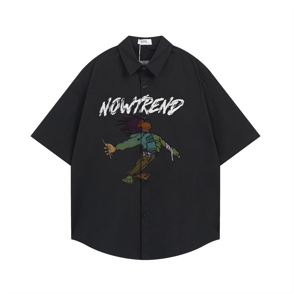 NOWTREND Graphic Print Short-Sleeve Shirt – Oversized Hip-Hop Button-Up