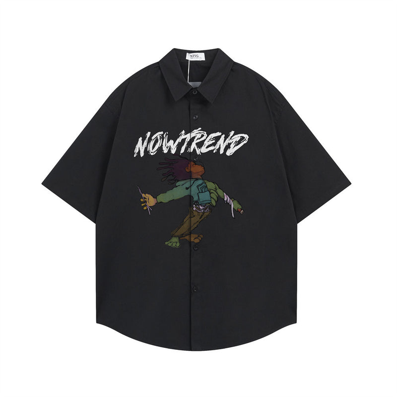 NOWTREND Graphic Print Short-Sleeve Shirt – Oversized Hip-Hop Button-Up