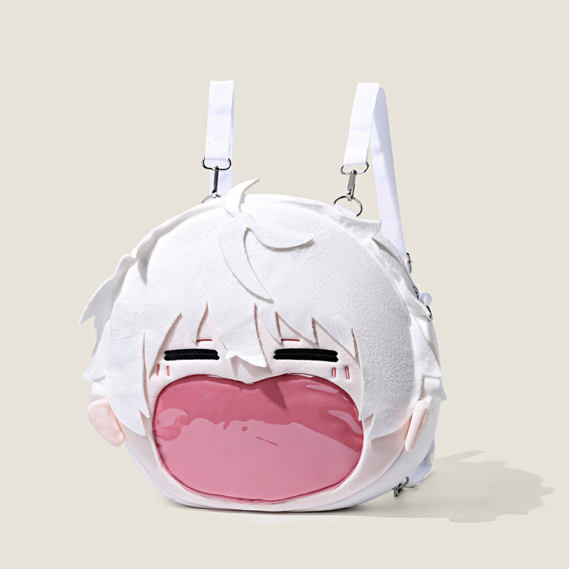 The Seakoff Blue Lock Seishiro Nagi Plush Shoulder Bag is a round backpack inspired by the character, featuring white hair, closed eyes, and a large pink mouth with a transparent pocket. This fun anime design has adjustable white straps and stands out against its off-white background.