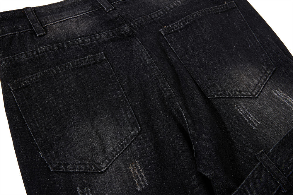 Gothic Buckle Strap Flare Jeans – Men's Washed Black Distressed Denim
