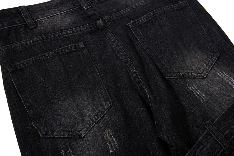 Gothic Buckle Strap Flare Jeans – Men's Washed Black Distressed Denim