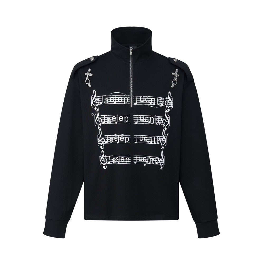 Men's oversized half-zip mock neck sweatshirt with music note print and silver epaulette hardware, shown in black and white c