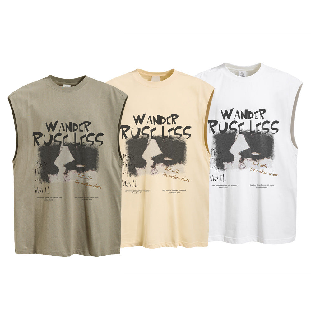 Oversized sleeveless tank top with Wander Ruseless graphic print in white, cream, and light khaki colorways