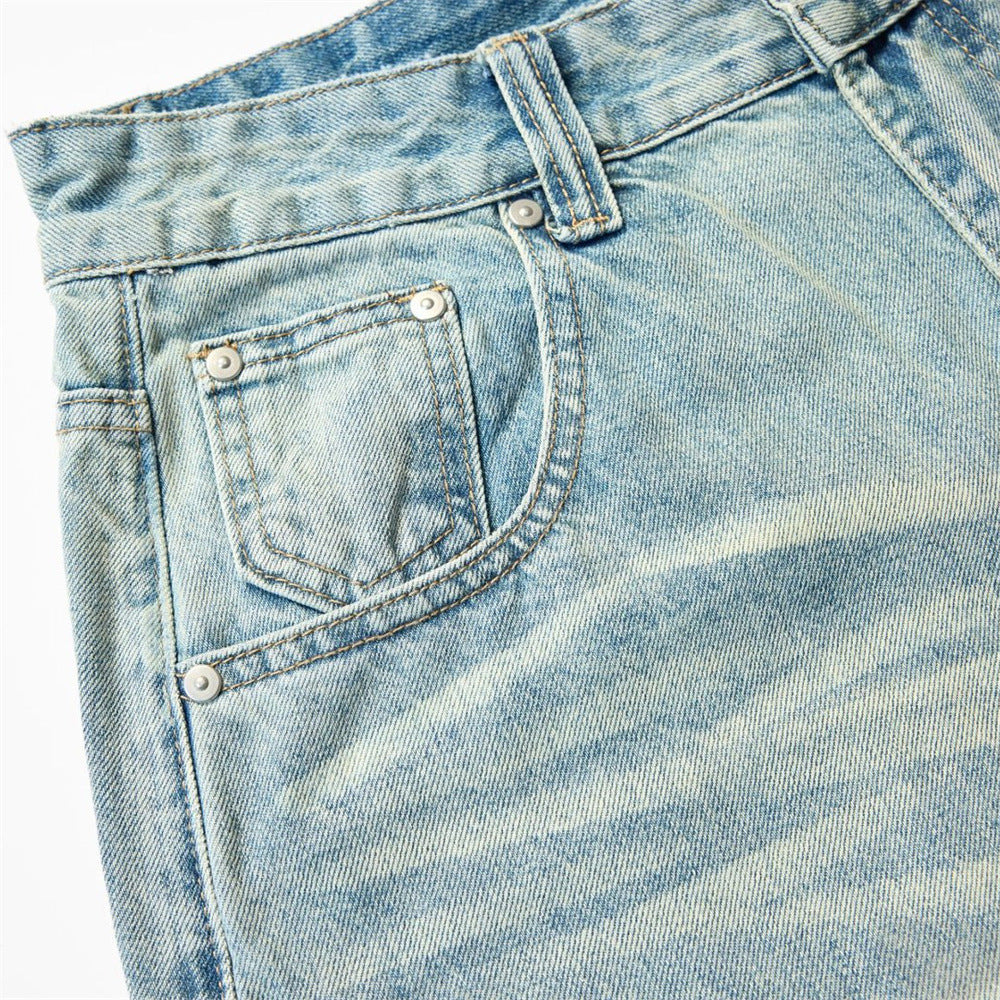 Wide-Leg Distressed Jeans – Light Wash Vintage Ripped Straight Denim