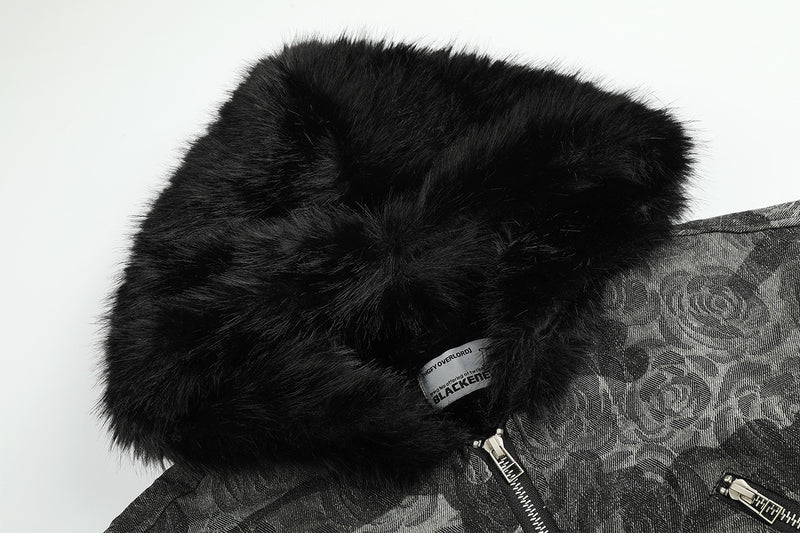 Rose Camo Hooded Bomber Jacket with Faux Fur Collar