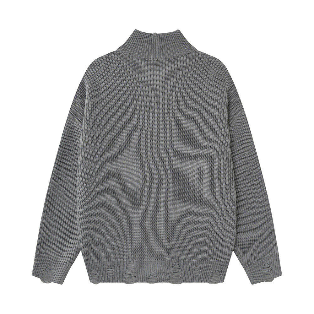 Men's oversized gothic cross print distressed zip-up knit cardigan sweater in grey and black