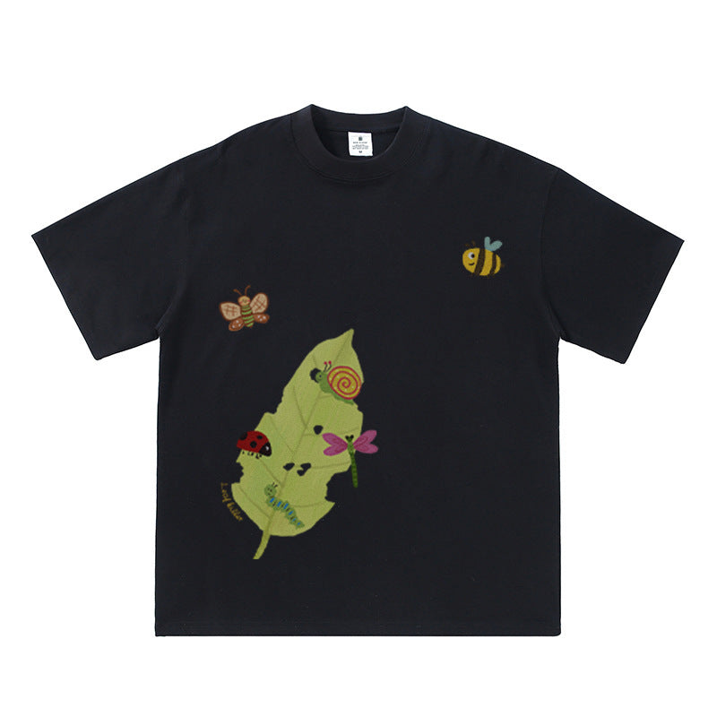 Cartoon Insect & Leaf Print Cotton T-Shirt