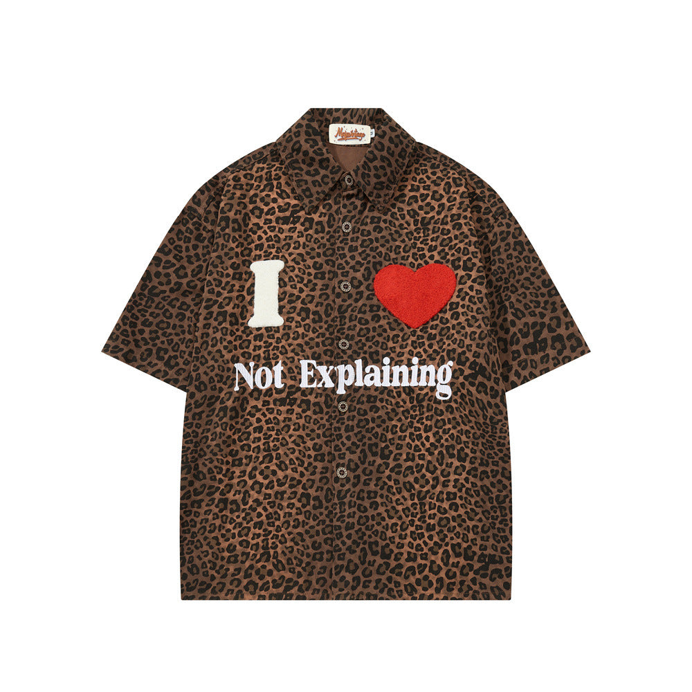Oversized brown leopard print short sleeve shirt with flocking I love not explaining graphic patch on front