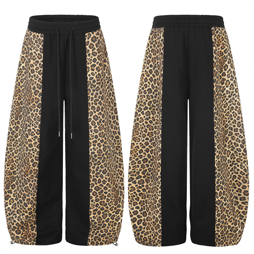 Men's Leopard Print Wide-Leg Sweatpants – Black Colorblock Oversized Street