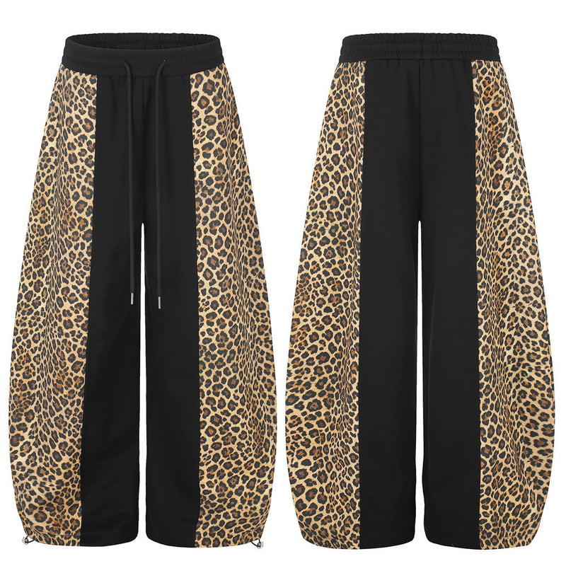 Men's Leopard Print Wide-Leg Sweatpants – Black Colorblock Oversized Street